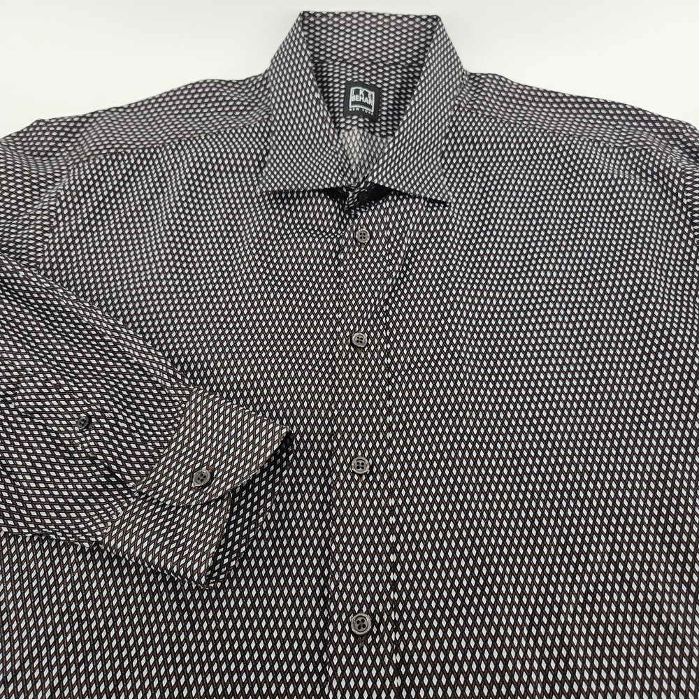 Ike Behar Dress Shirt Men XXL Black Brown Diamond Geometric Print Long Sleeve‎